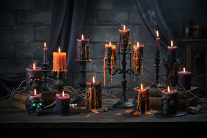 Melting taper candles on a wooden surface with a brick and fabric background.