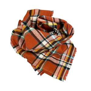 Plaid flannel bandana featuring colors of rust, blue, yellow-orange, white, and black. 