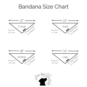 Bandana size chart with dimensions and fitting neck sizes on a white background