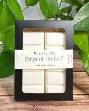 Packaged wax melt bars in a black box on a wooden surface with green leaves in the background