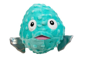 A plush dog toy resembling a puffer fish with a blue body and a cartoonish face.