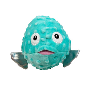 A plush dog toy resembling a puffer fish with a blue body and a cartoonish face.