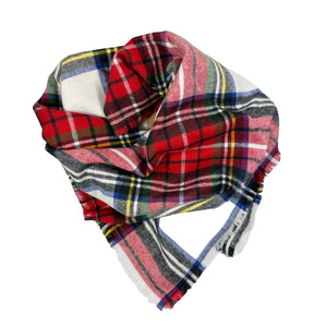 Plaid bandana featuring colors of red, yellow, green, blue, white, and black. 