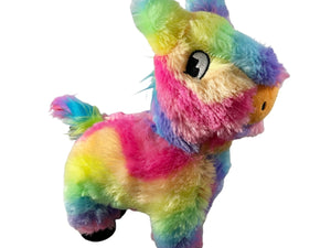 Colorful plush dog toy resembling a piñata on a white background.