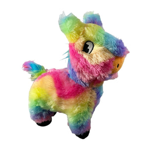 Colorful plush dog toy resembling a piñata on a white background.