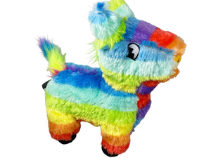 Colorful plush dog toy resembling a piñata on a white background