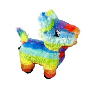 Colorful plush dog toy resembling a piñata on a white background