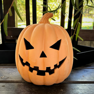 Terracotta jack-o'-lantern on a wooden surface with green leaves in the background