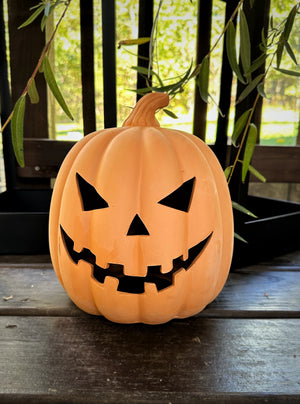 Terracotta jack-o'-lantern on a wooden surface with green leaves in the background