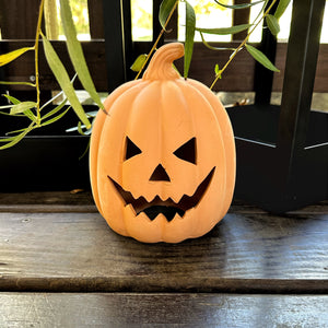 Terracotta jack-o'-lantern on a wooden surface with green leaves in the background