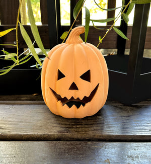 Terracotta jack-o'-lantern on a wooden surface with green leaves in the background