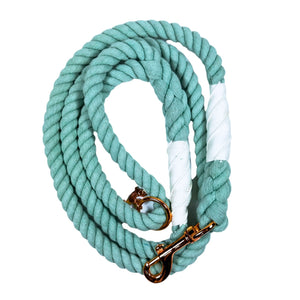 Blue green colored rope dog leash with rose gold hardware and charm coiled up a white background. 