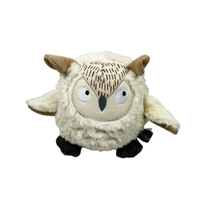 Owl shaped dog toy featuring earth friendly materials on a white background.