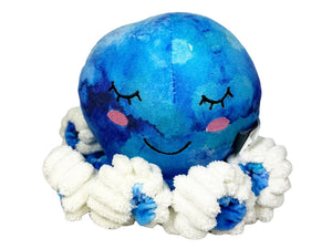 Plush blue tie-dyed octopus dog toy with white accents and a smiling face on a white background.