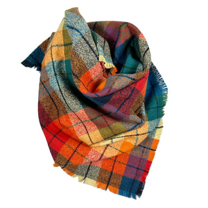 Rainbow colored plaid bandana. Features the colors of the rainbow - red, blue, green, yellow, orange, purple.