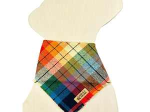 Colorful rainbow plaid bandana on a dog shaped wooden cutout with brand tag 'Charlie & the Hound'.