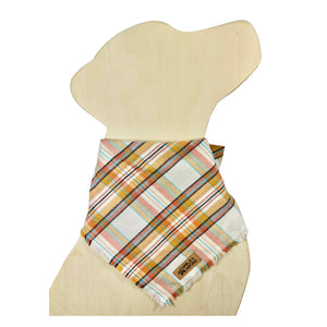 Handmade plaid bandana in colors reminiscent of an early morning sunrise.